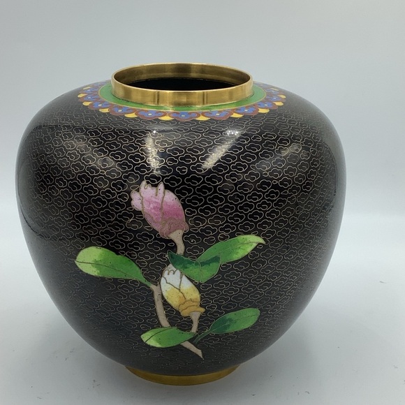 Chinese Black Cloisonné Jar/Vase with Floral Design - Picture 4 of 9